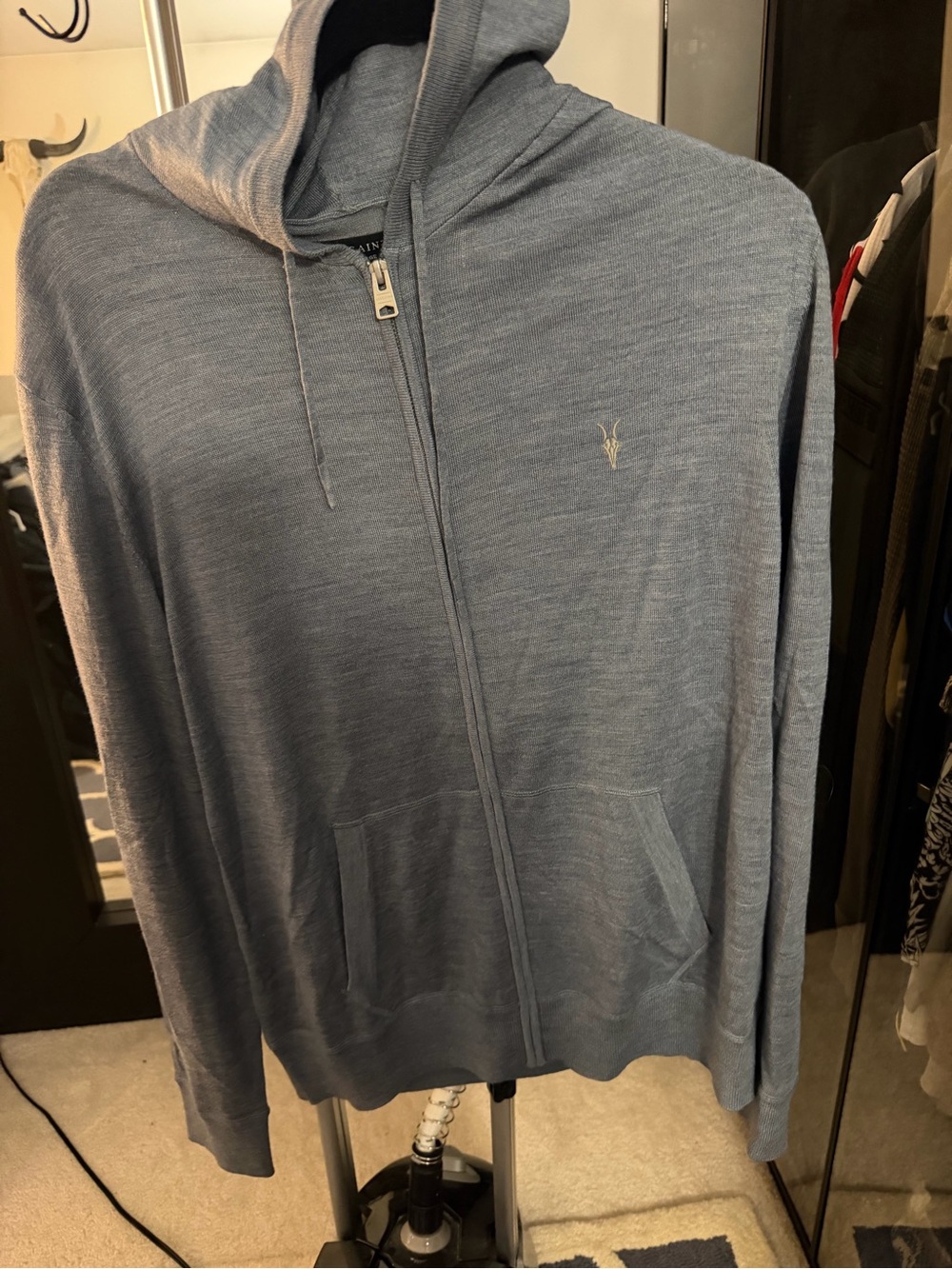Light Blue Men's Zip-Up merino wool Hoodie Sweater AllSaints